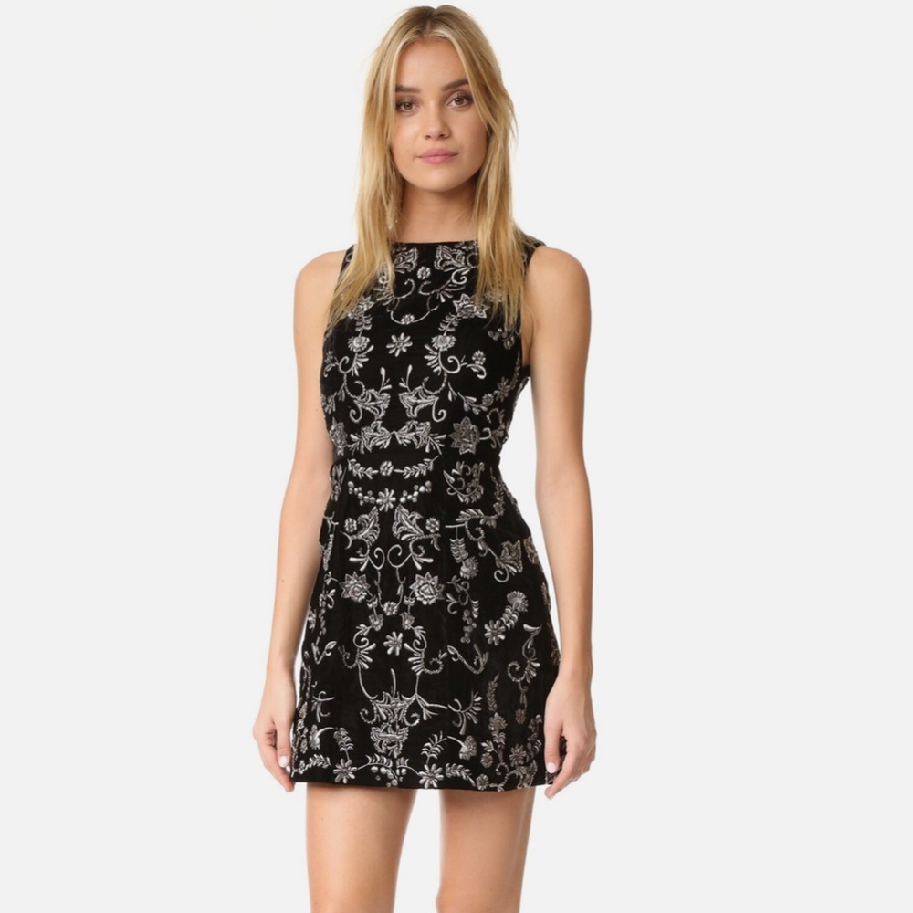 Alice + Olivia Lindsey black velvet embroidered pouf dress